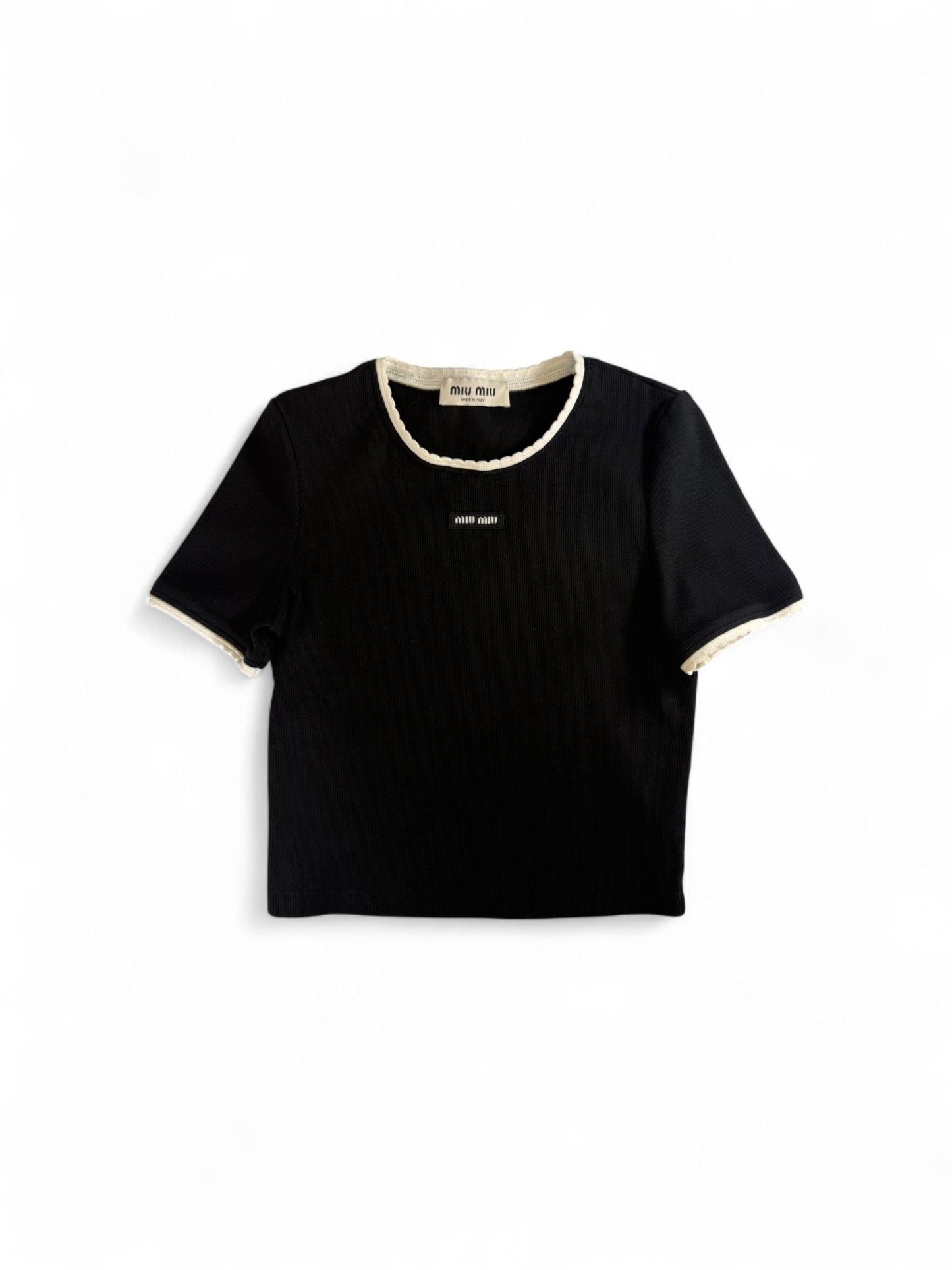 MiuMiu- Black Lace-Trimmed T-Shirt 2023- S