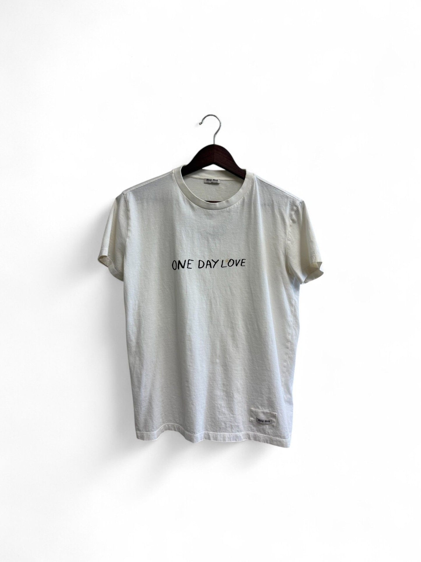 MiuMiu- White Logo Print Cotton Crewneck T-Shirt- L | Retail Price: $390