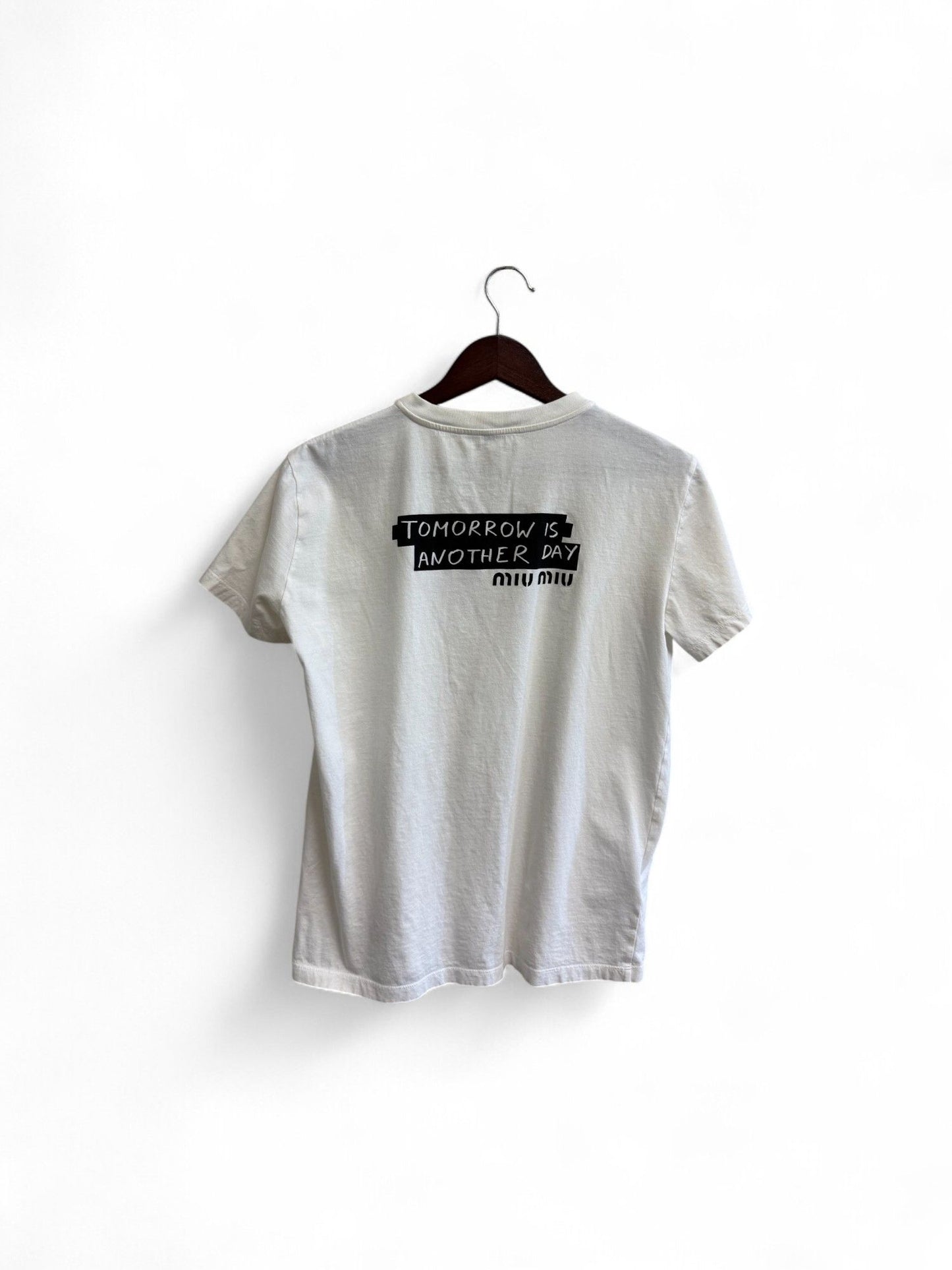MiuMiu- White Logo Print Cotton Crewneck T-Shirt- L | Retail Price: $390