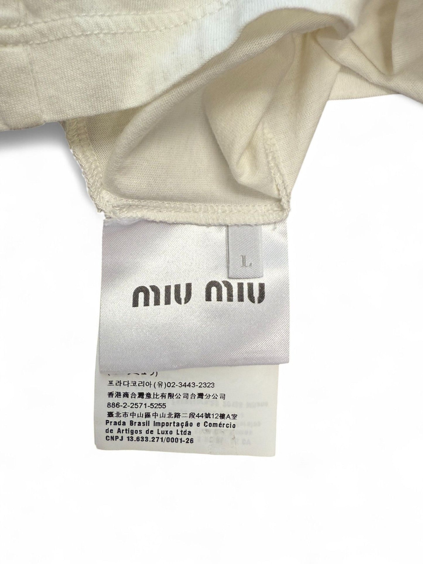 MiuMiu- White Logo Print Cotton Crewneck T-Shirt- L | Retail Price: $390