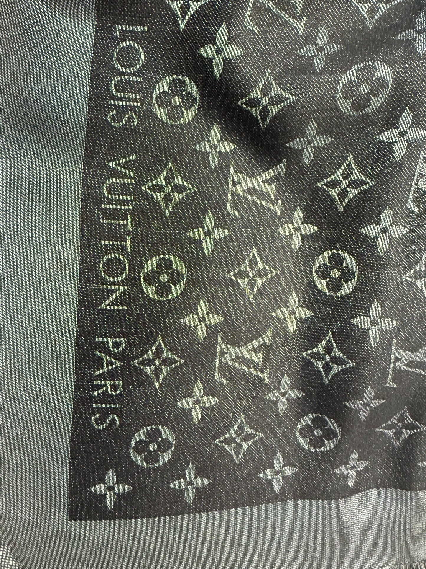Louis Vuitton- Black Monogram Shine Silk-Blend Shawl | Retail Price: $1,450