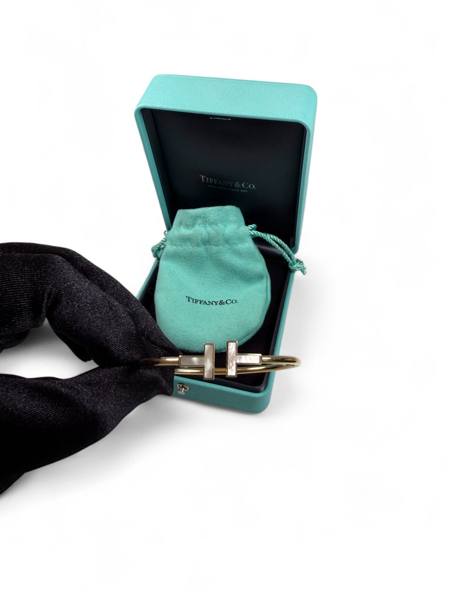 Tiffany & Co. T-Square Mother-of-Pearl Inset 18K Yellow Gold Bangle Bracelet – Retail Price: $3,292