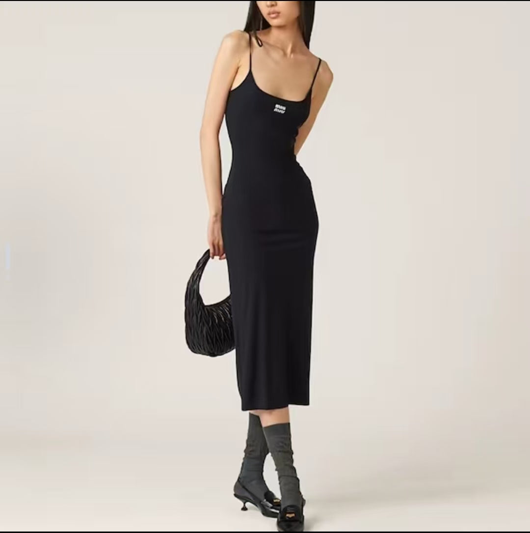 Miu Miu Black Logo Print Midi Slip Dress – Retail Price: $1,550