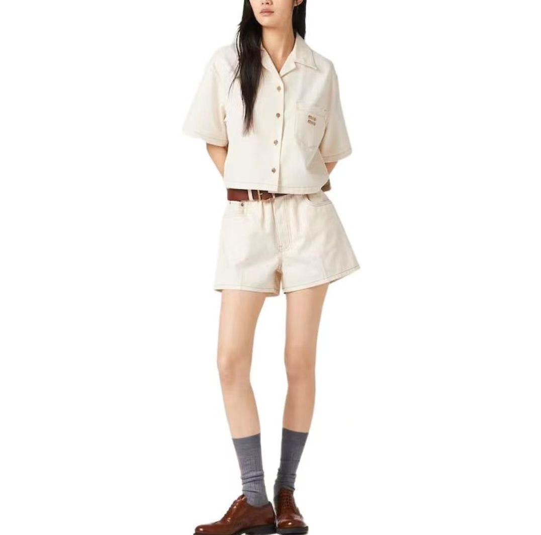 Miu Miu Beige Cropped Denim Shirt with Logo Embroidery – Retail Price: $1,280