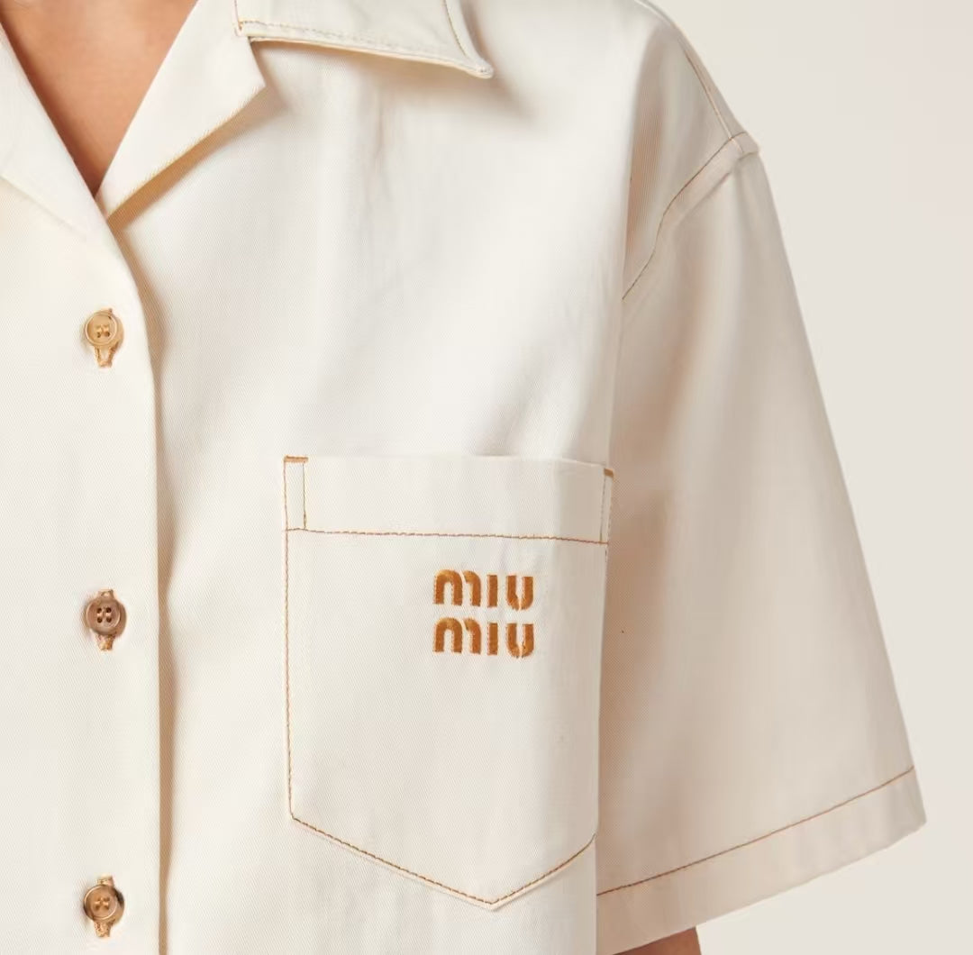 Miu Miu Beige Cropped Denim Shirt with Logo Embroidery – Retail Price: $1,280