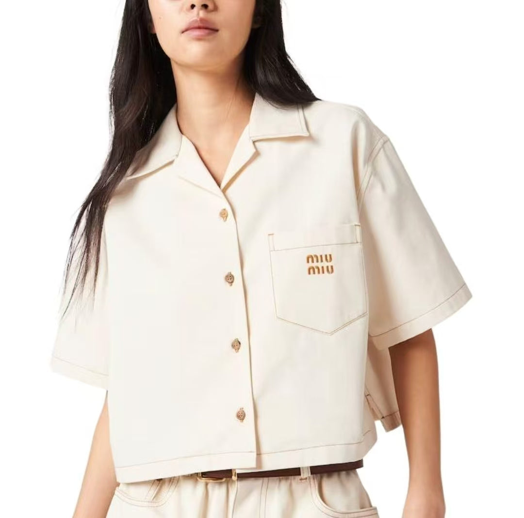 Miu Miu Beige Cropped Denim Shirt with Logo Embroidery – Retail Price: $1,280