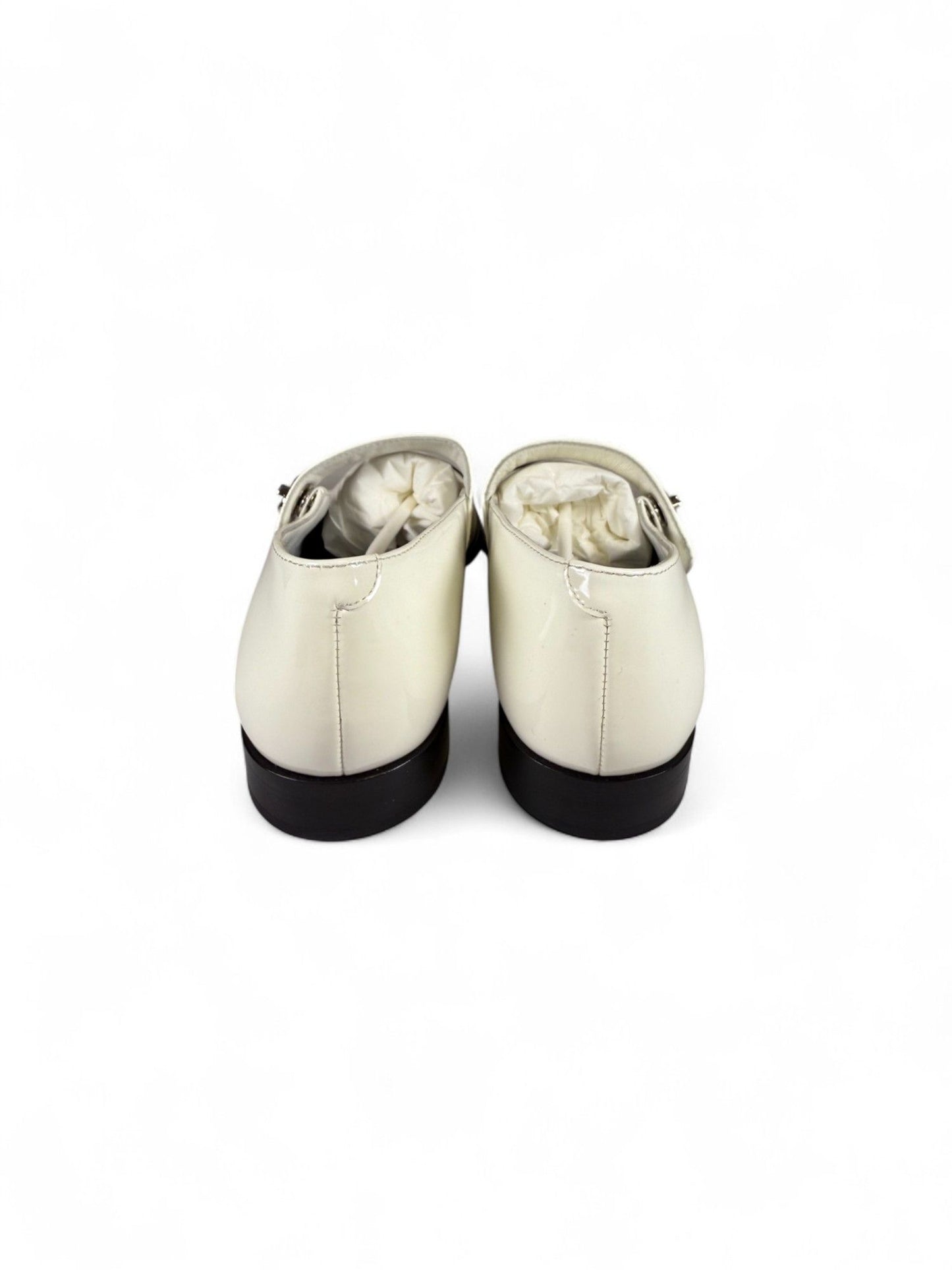 Chanel- Gold-Tone White Leather Mary Jane Pumps- 7.5 Retail Price：$1,580