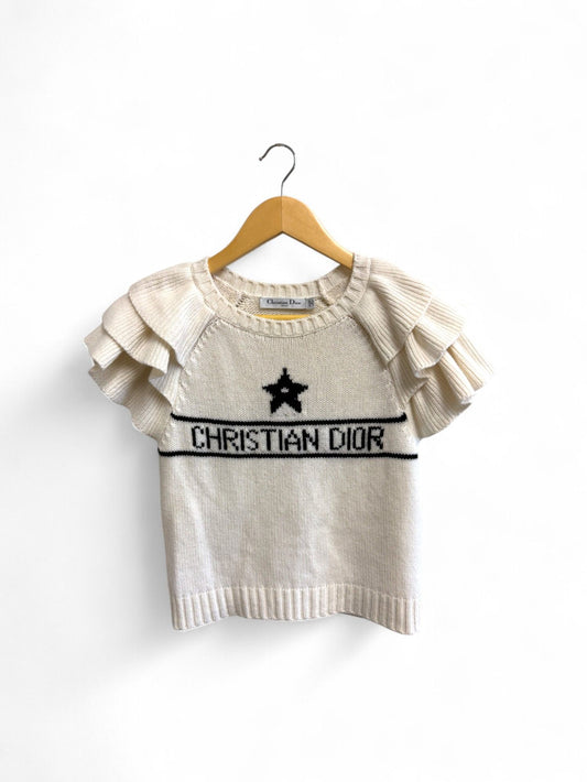 Dior- White Ruffled Short-Sleeve Cashmere Sweater- 36 | Retail Price: $2,250
