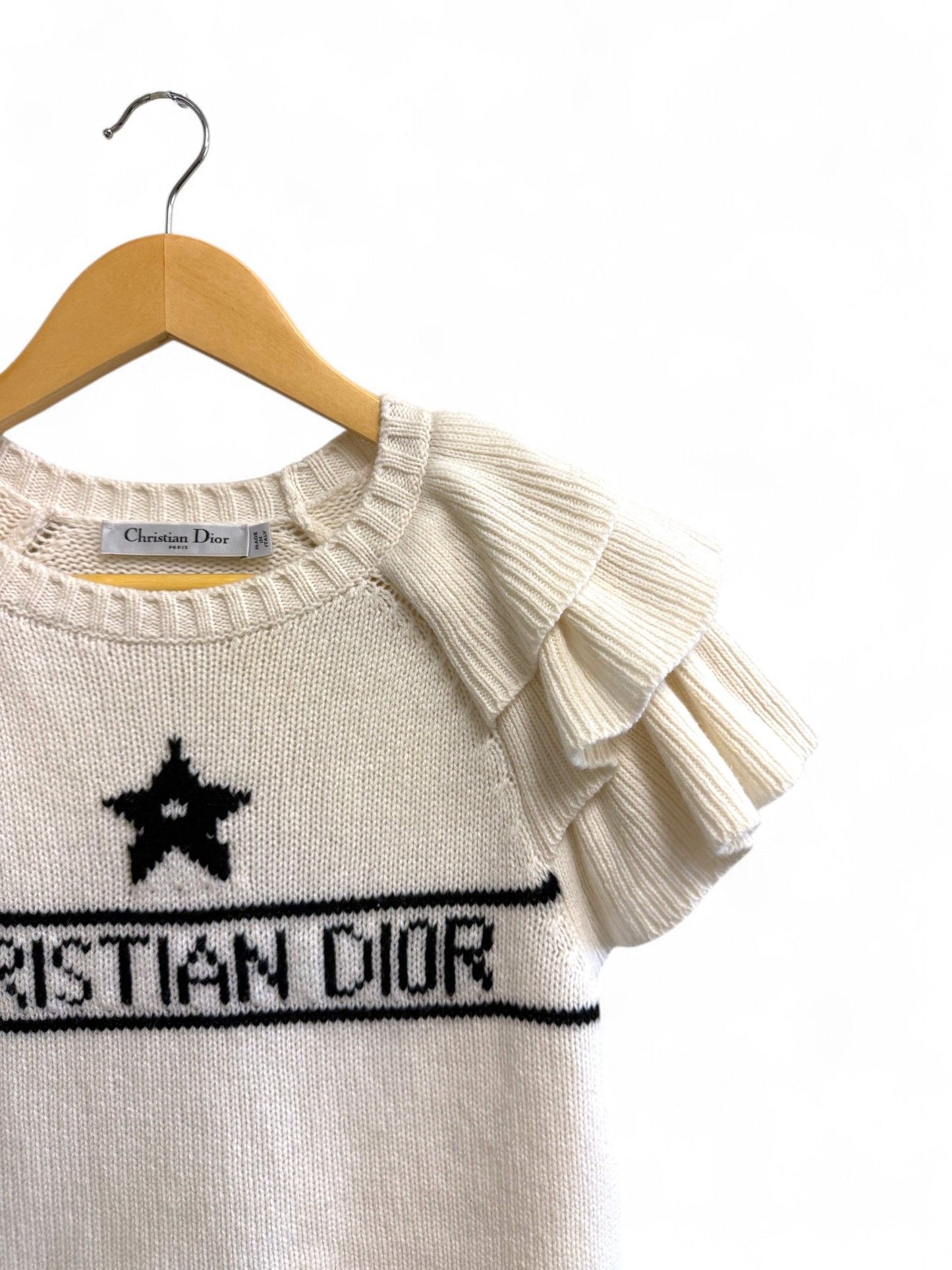 Dior- White Ruffled Short-Sleeve Cashmere Sweater- 36 | Retail Price: $2,250