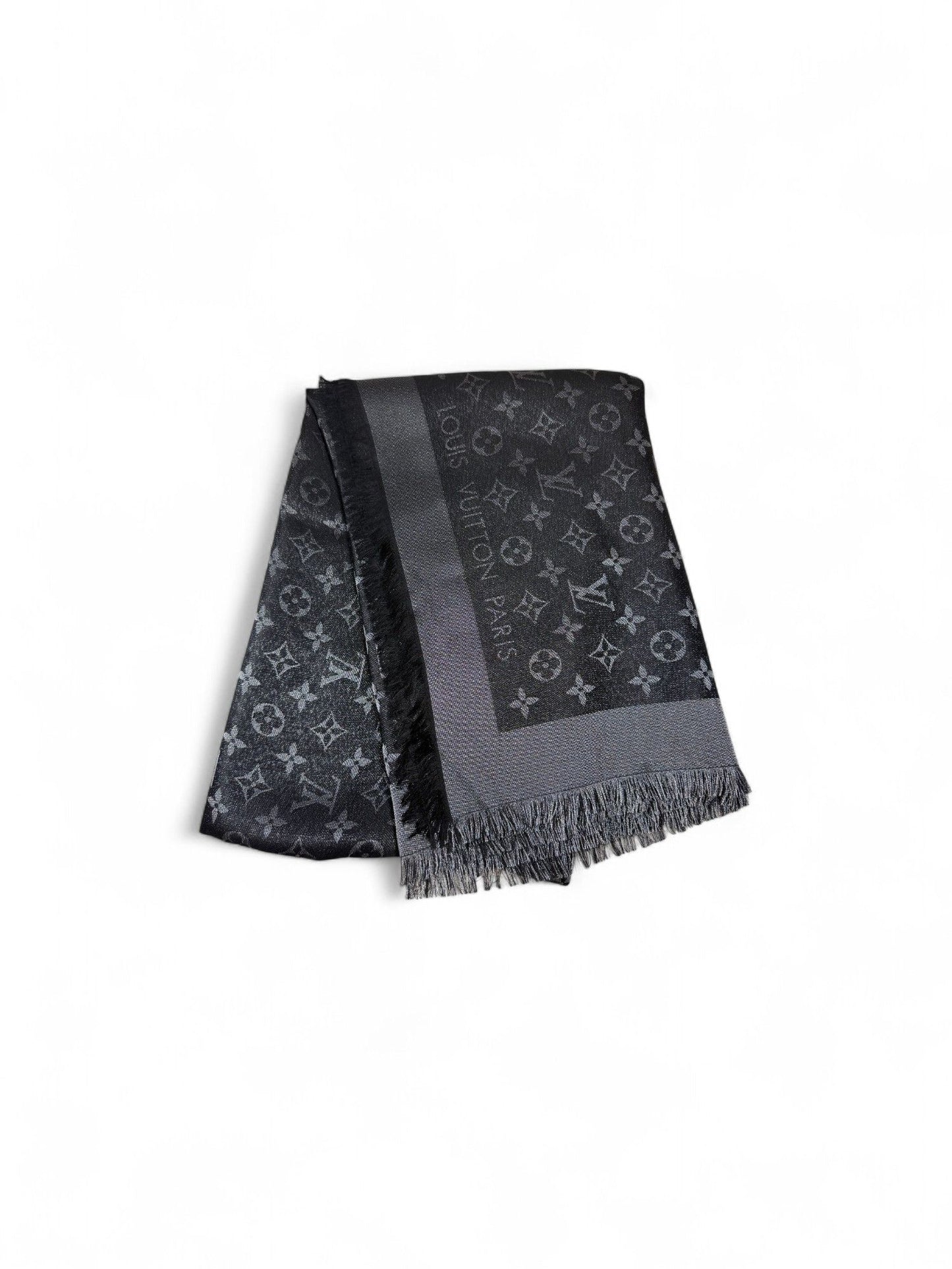 Louis Vuitton- Black Monogram Shine Silk-Blend Shawl | Retail Price: $1,450