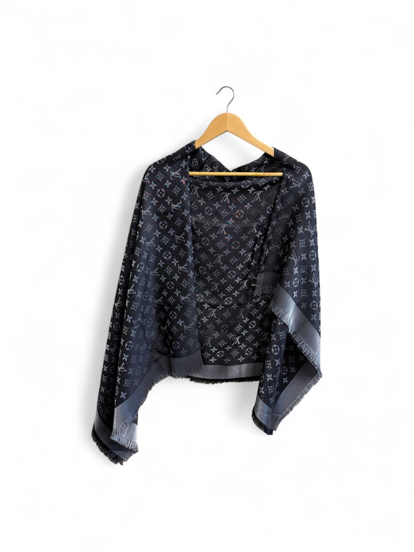 Louis Vuitton- Black Monogram Shine Silk-Blend Shawl | Retail Price: $1,450
