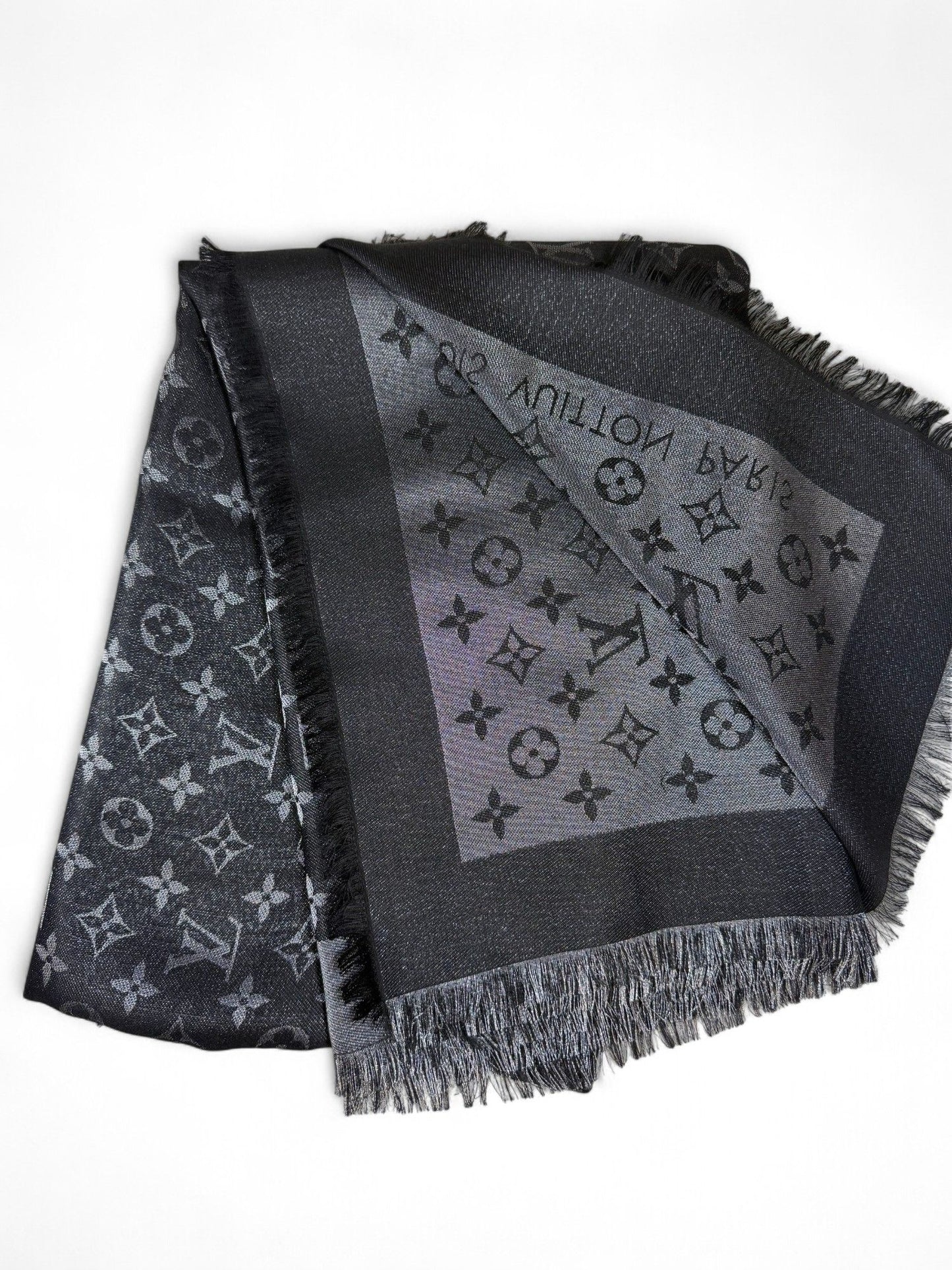 Louis Vuitton- Black Monogram Shine Silk-Blend Shawl | Retail Price: $1,450