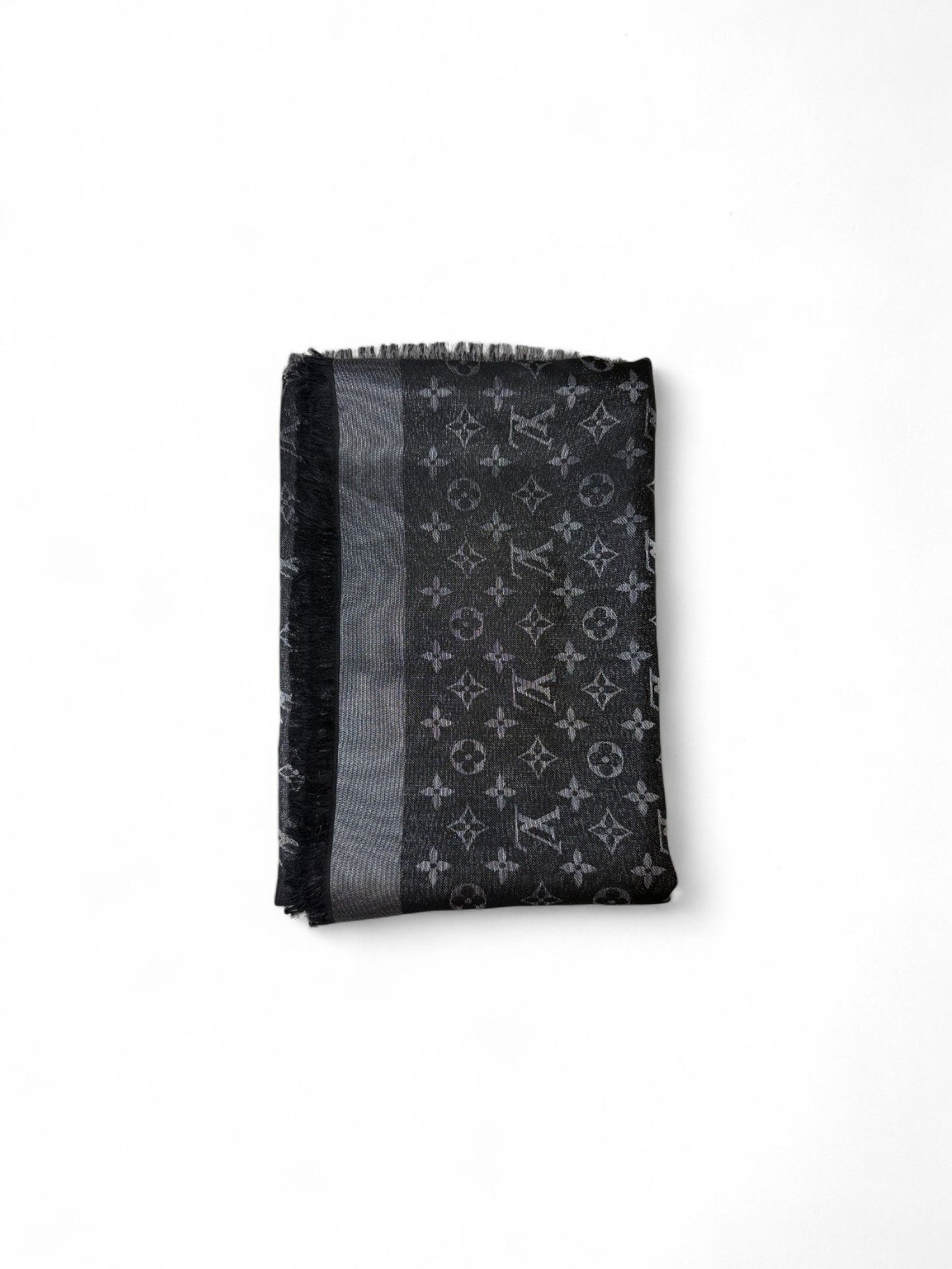 Louis Vuitton- Black Monogram Shine Silk-Blend Shawl | Retail Price: $1,450