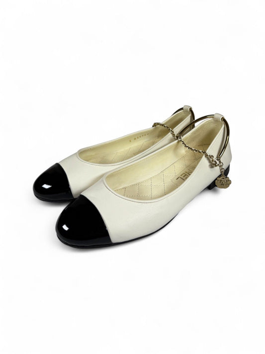 Chanel- White & Black Chain-Detailed Mary Jane Ballet Flats- 36.5 | Retail Price: $1,750