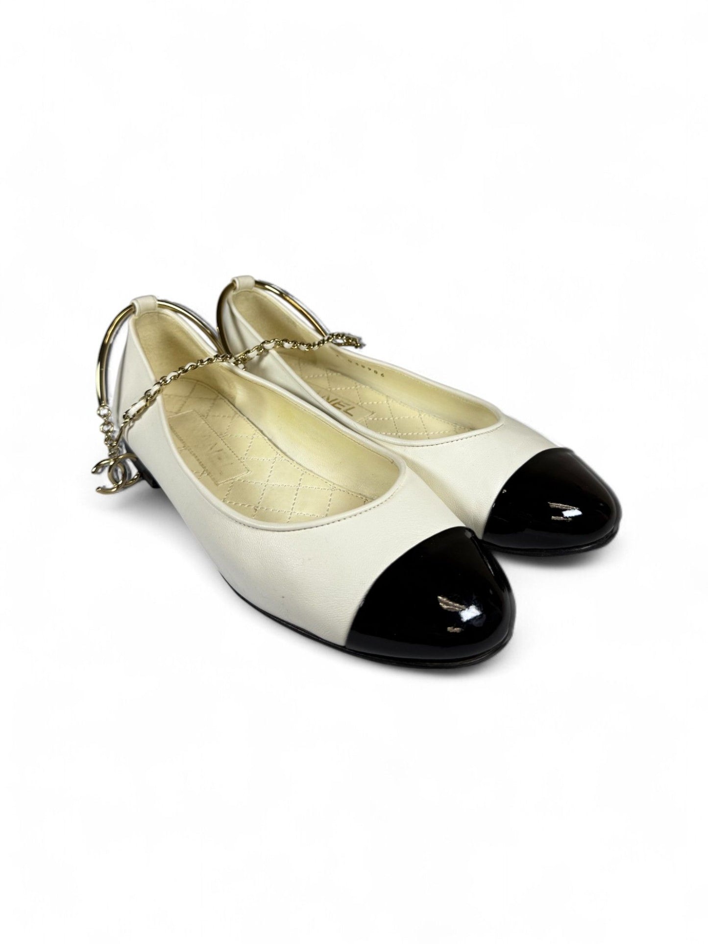 Chanel- White & Black Chain-Detailed Mary Jane Ballet Flats- 36.5 | Retail Price: $1,750