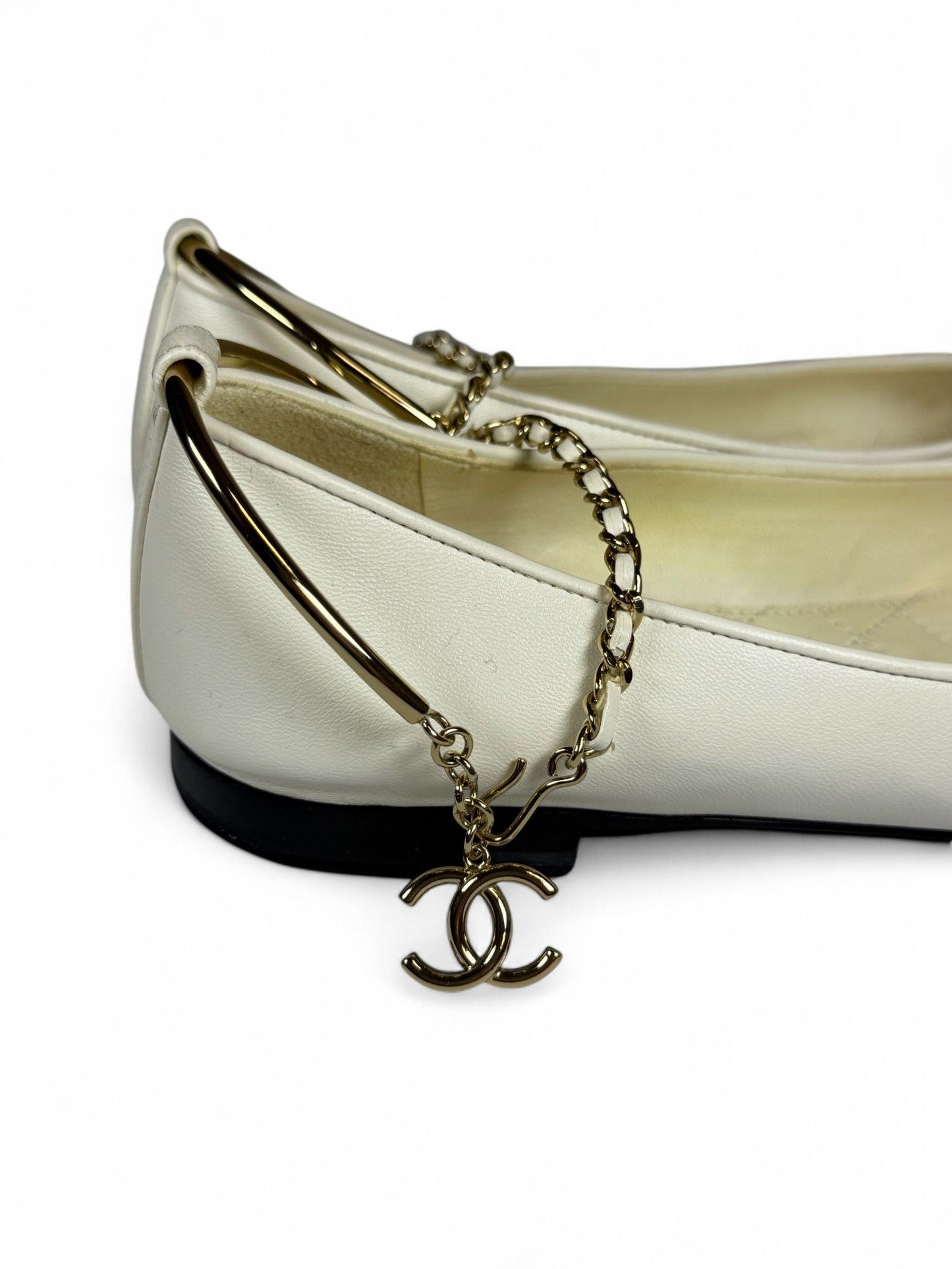 Chanel- White & Black Chain-Detailed Mary Jane Ballet Flats- 36.5 | Retail Price: $1,750