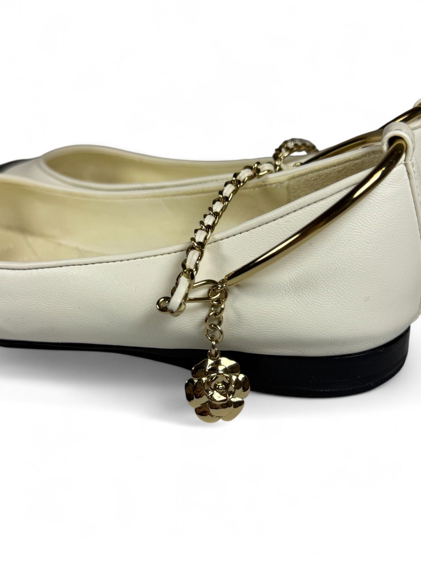 Chanel- White & Black Chain-Detailed Mary Jane Ballet Flats- 36.5 | Retail Price: $1,750