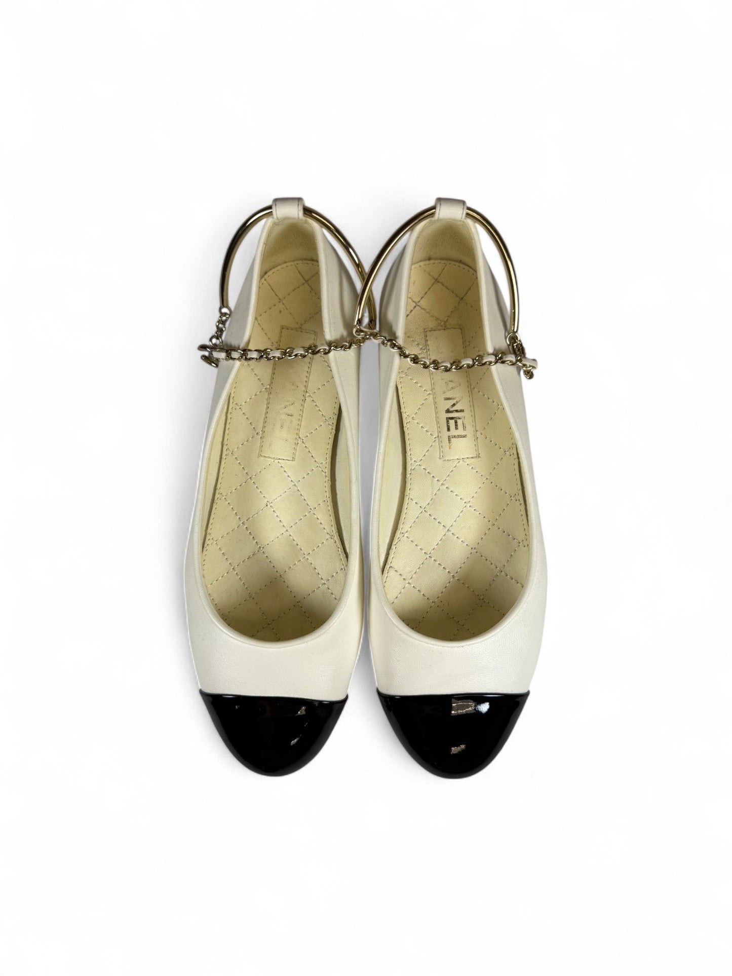 Chanel- White & Black Chain-Detailed Mary Jane Ballet Flats- 36.5 | Retail Price: $1,750
