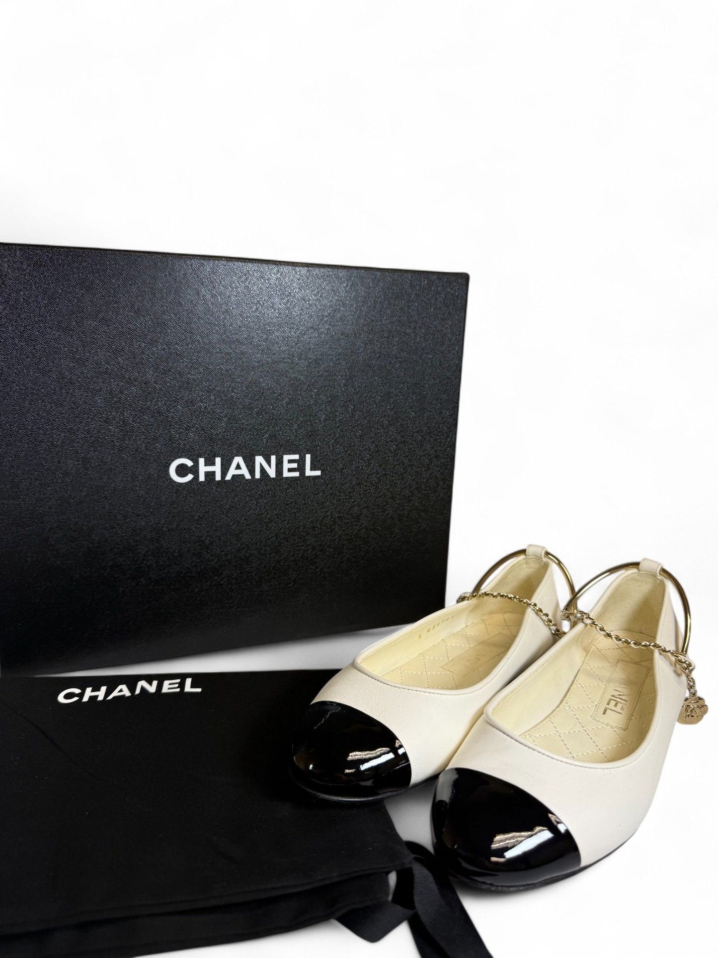 Chanel- White & Black Chain-Detailed Mary Jane Ballet Flats- 36.5 | Retail Price: $1,750
