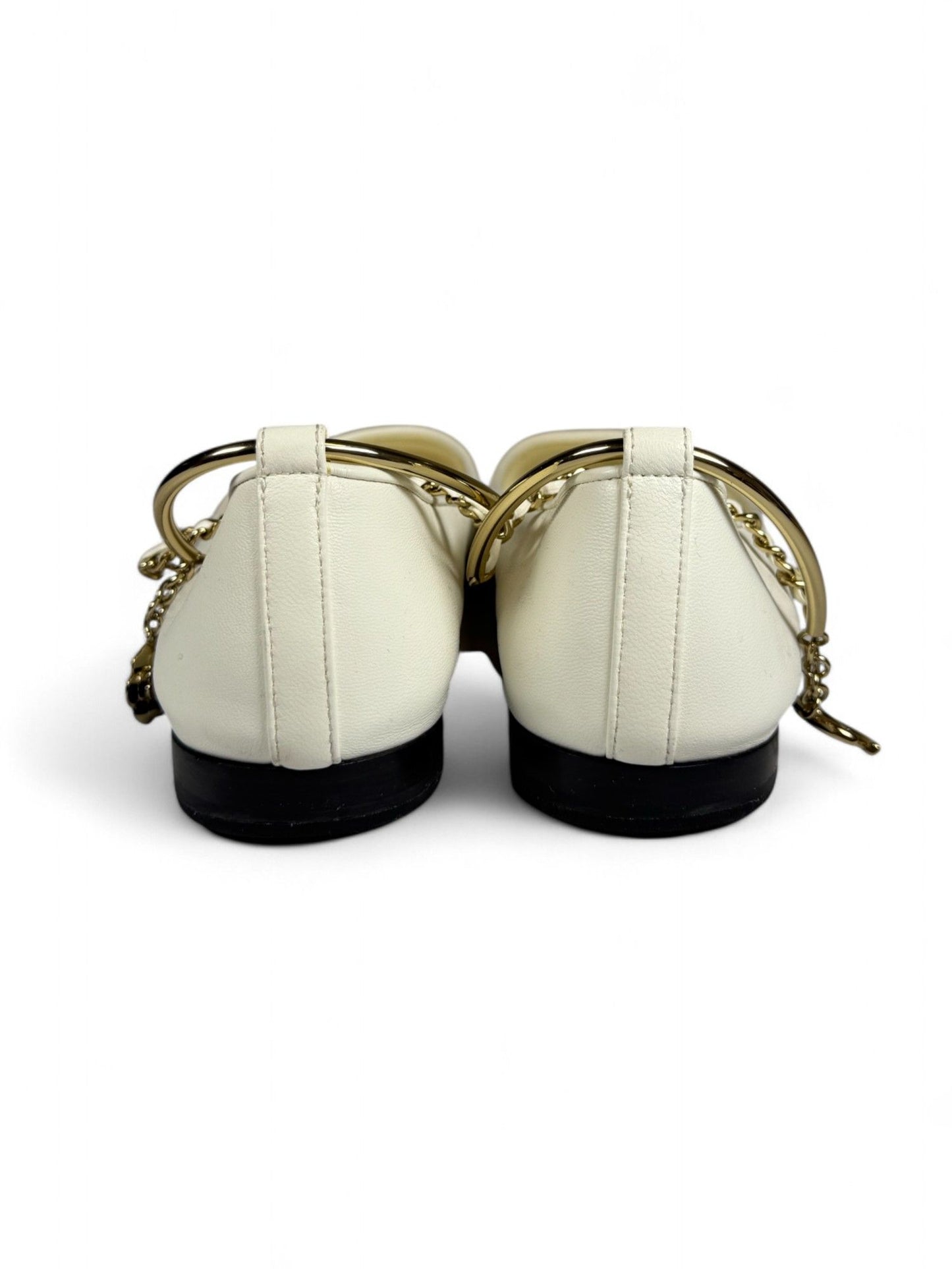 Chanel- White & Black Chain-Detailed Mary Jane Ballet Flats- 36.5 | Retail Price: $1,750