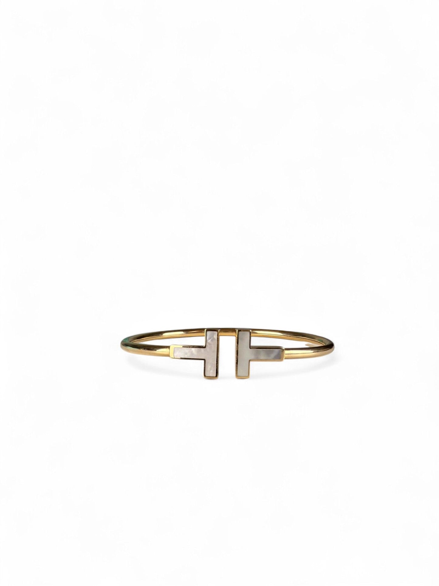 Tiffany &amp; Co. T-Square Mother-of-Pearl Inset 18K Yellow Gold Bangle Bracelet – Retail Price: $3,292