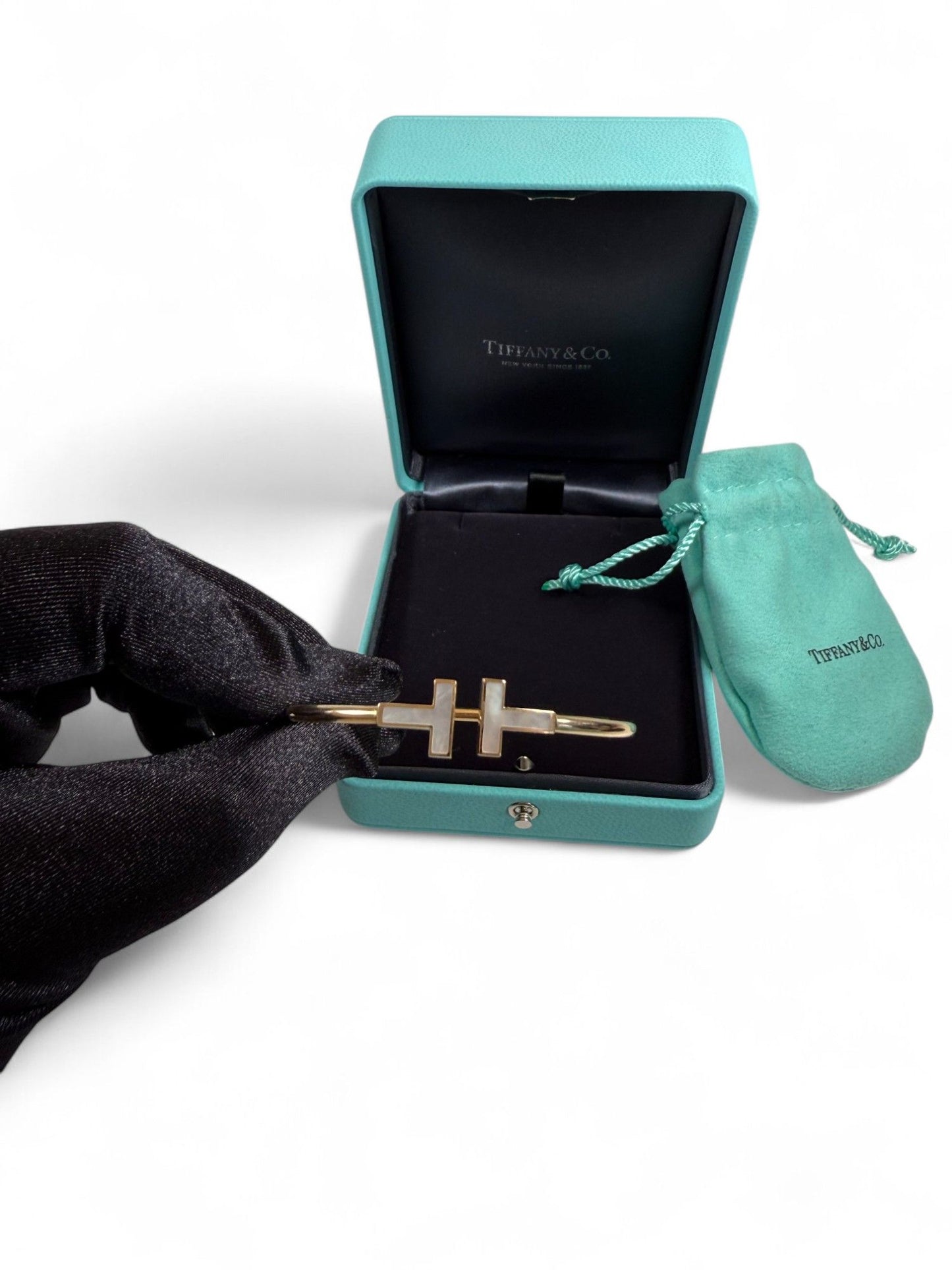 Tiffany &amp; Co. T-Square Mother-of-Pearl Inset 18K Yellow Gold Bangle Bracelet – Retail Price: $3,292
