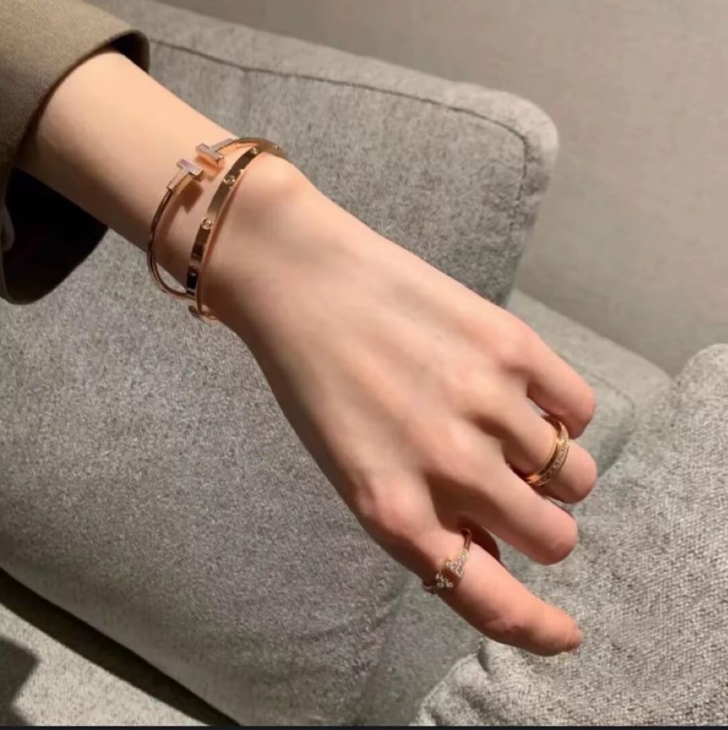 Tiffany &amp; Co. T-Square Mother-of-Pearl Inset 18K Yellow Gold Bangle Bracelet – Retail Price: $3,292