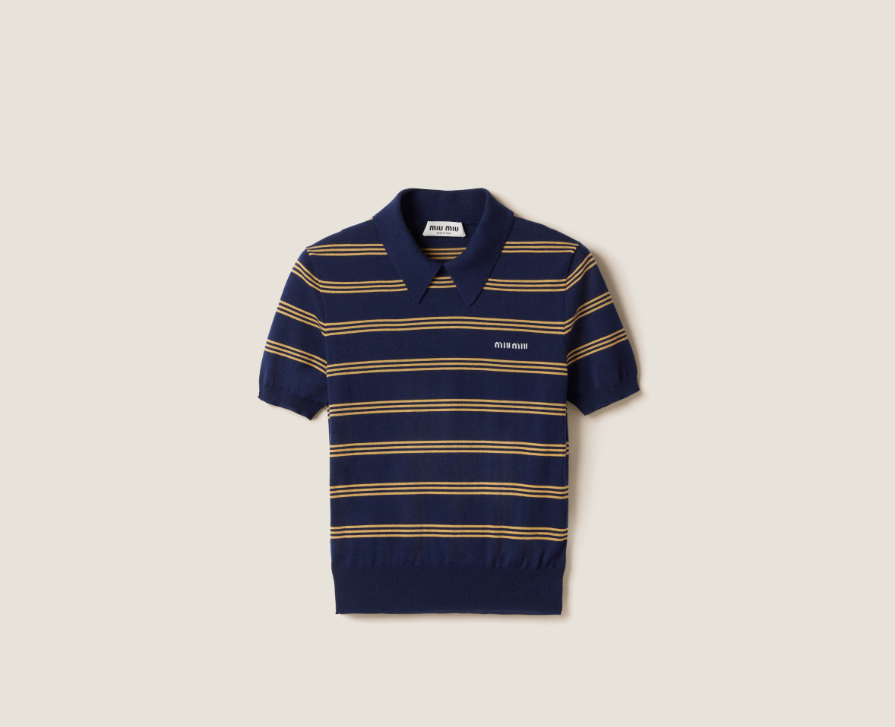 Miu Miu Striped Cashmere Polo Shirt in Navy – Retail Price: $2,100