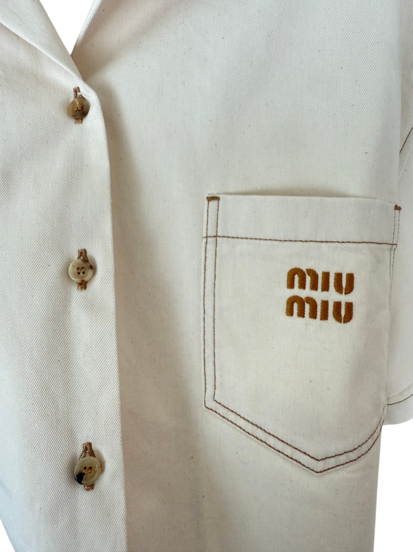 Miu Miu Beige Cropped Denim Shirt with Logo Embroidery – Retail Price: $1,280