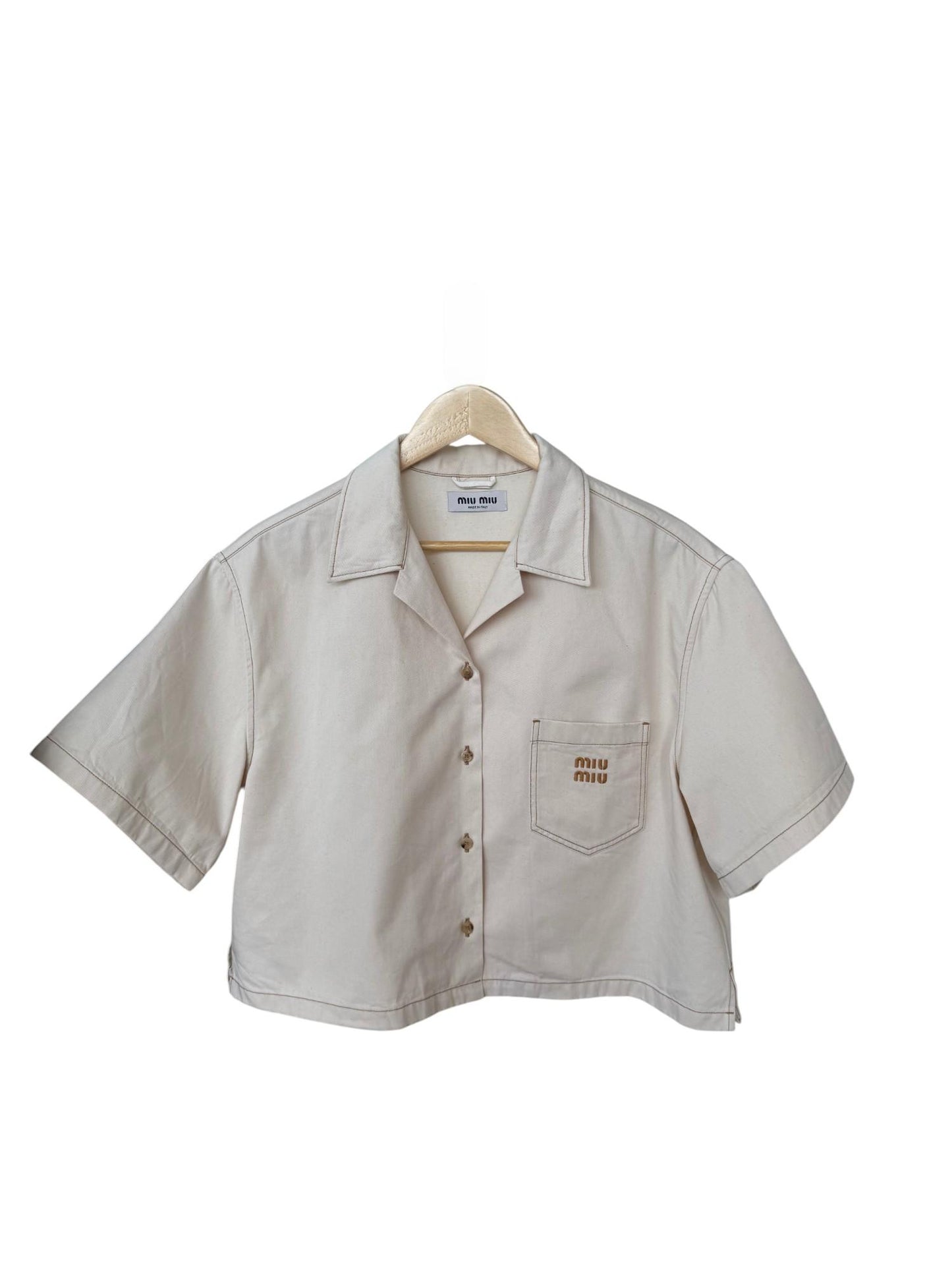 Miu Miu Beige Cropped Denim Shirt with Logo Embroidery – Retail Price: $1,280