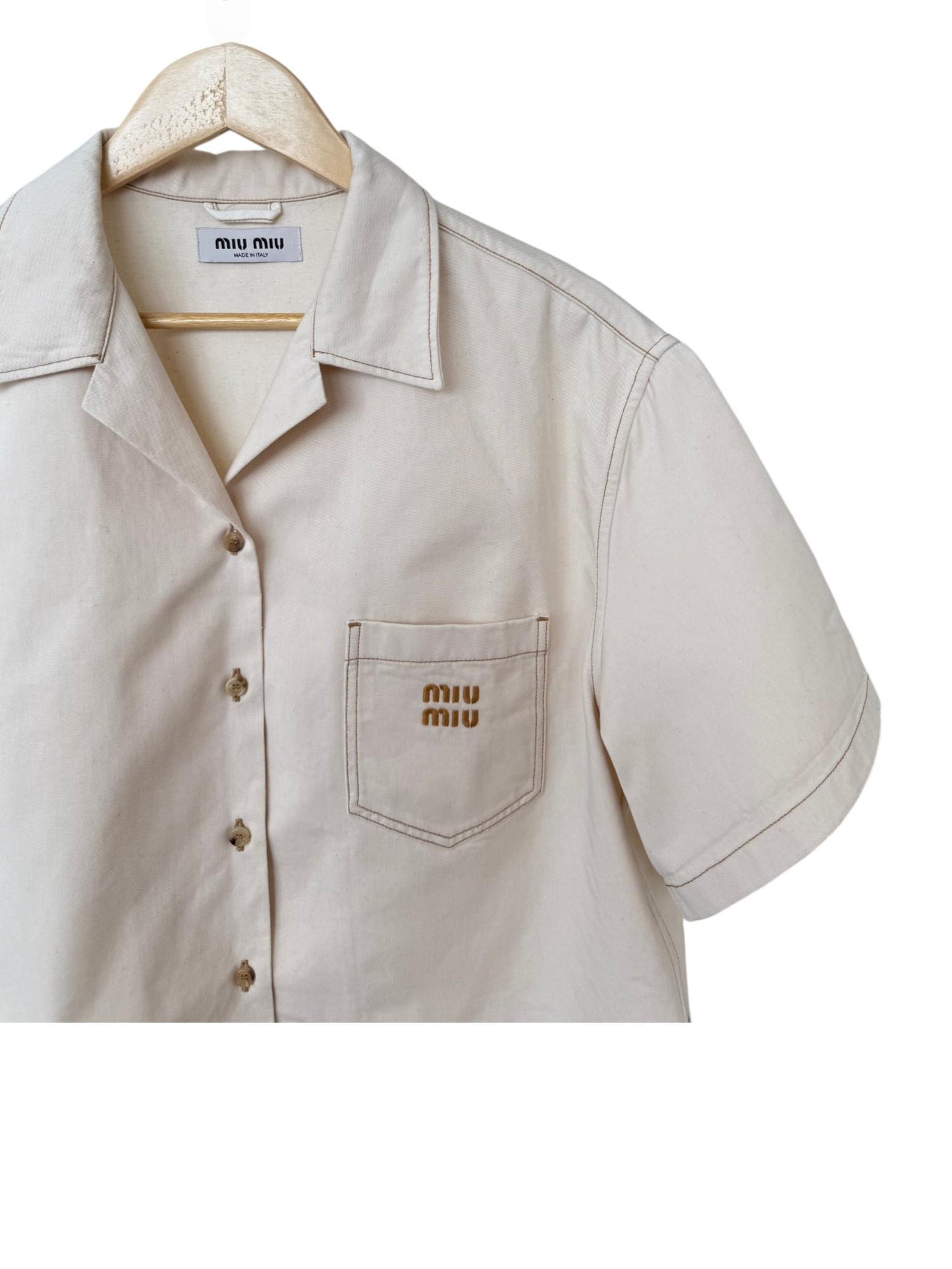 Miu Miu Beige Cropped Denim Shirt with Logo Embroidery – Retail Price: $1,280