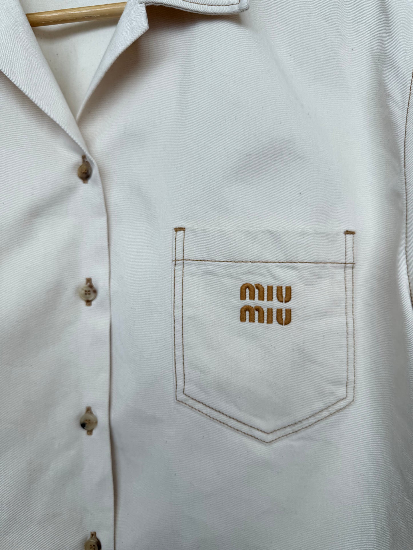 Miu Miu Beige Cropped Denim Shirt with Logo Embroidery – Retail Price: $1,280