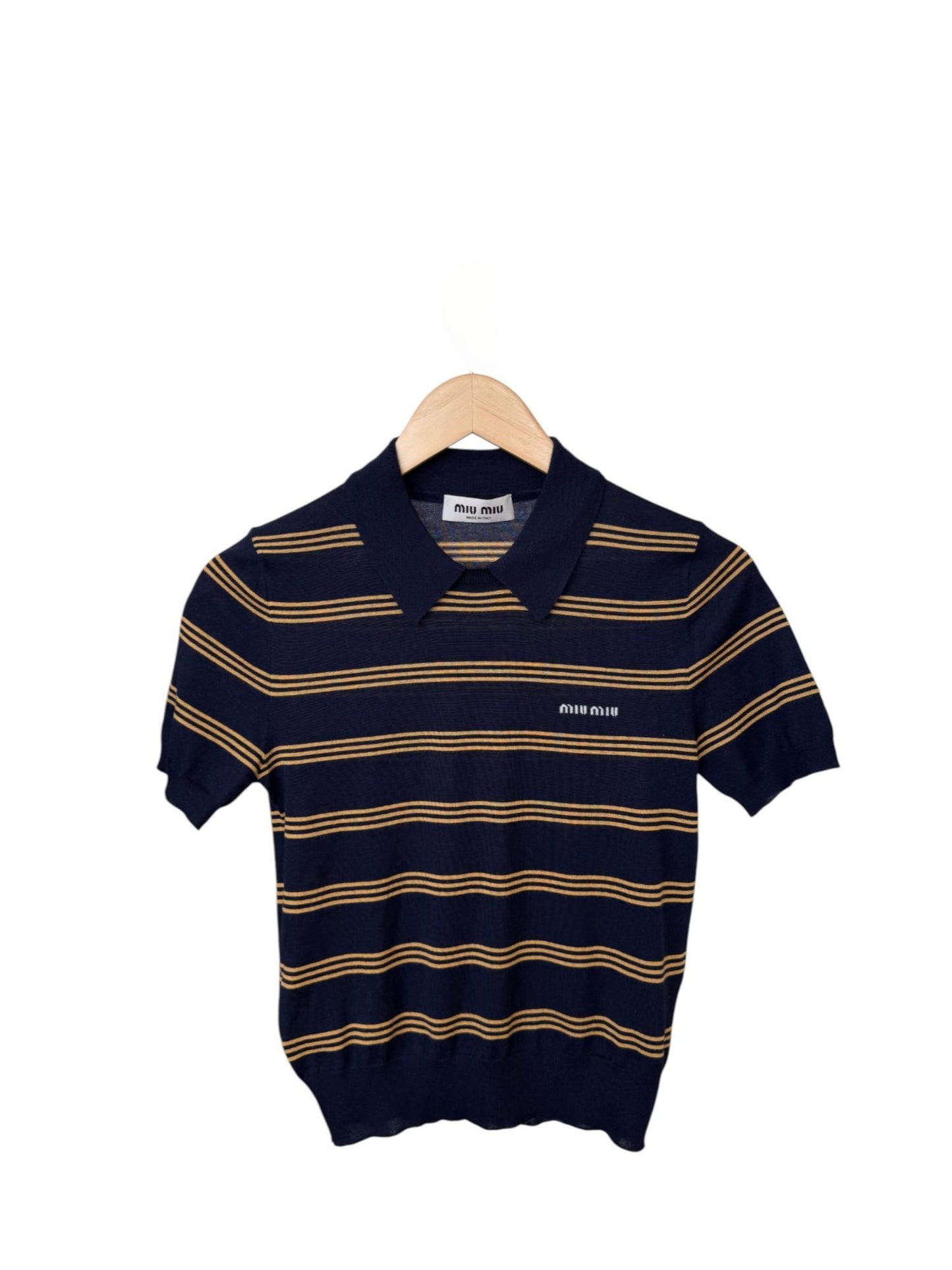 Miu Miu Striped Cashmere Polo Shirt in Navy – Retail Price: $2,100