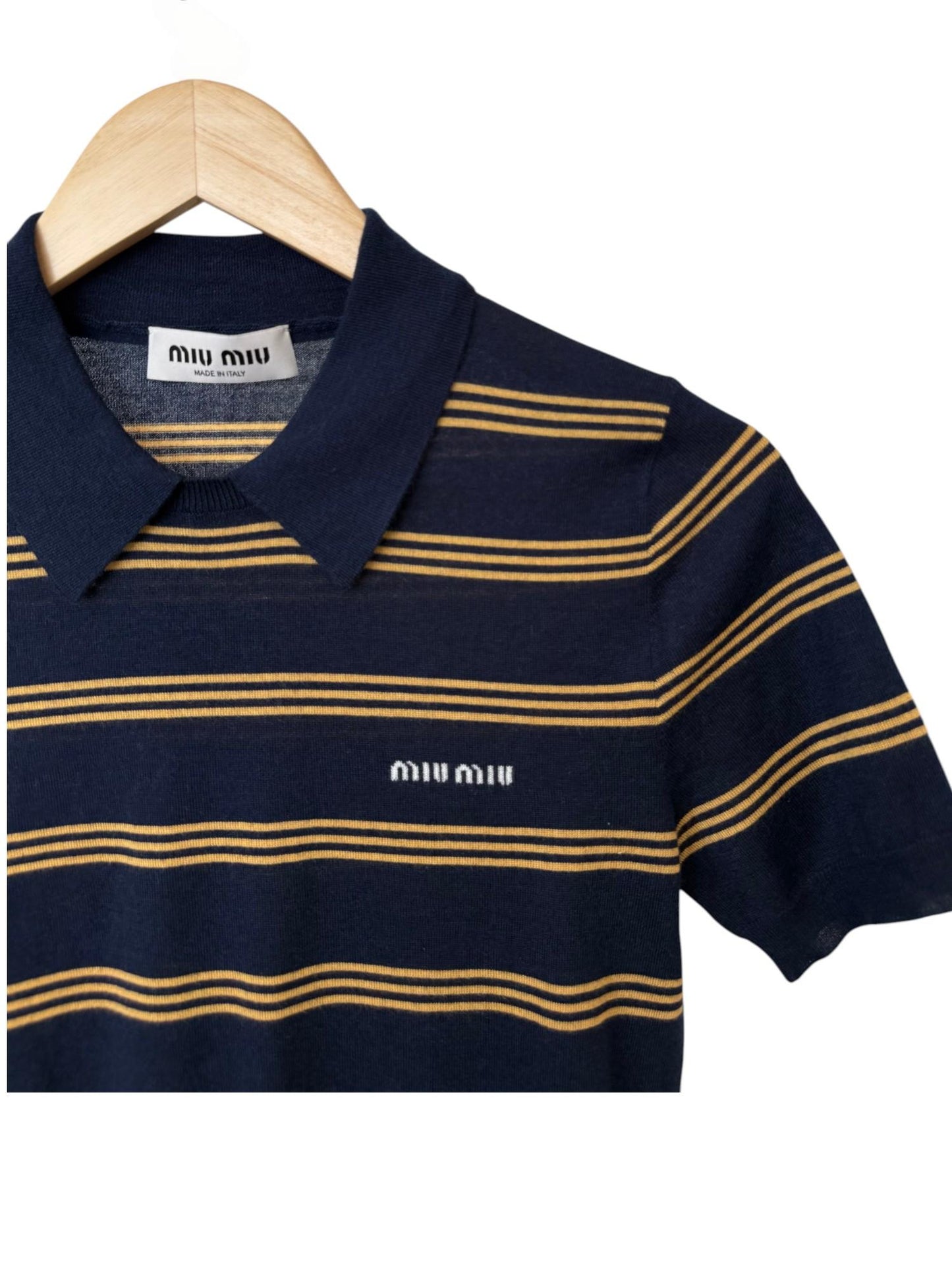 Miu Miu Striped Cashmere Polo Shirt in Navy – Retail Price: $2,100