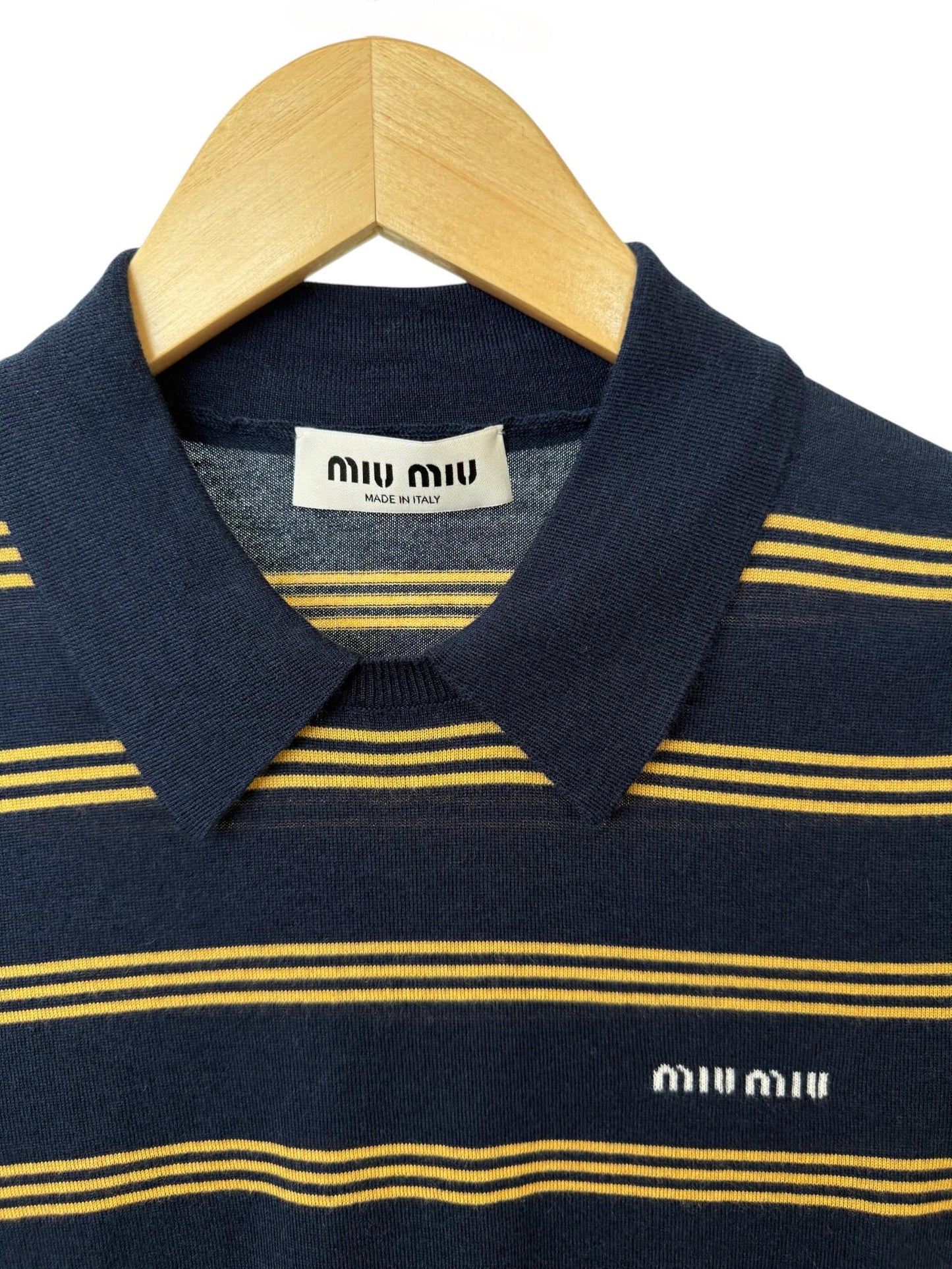 Miu Miu Striped Cashmere Polo Shirt in Navy – Retail Price: $2,100