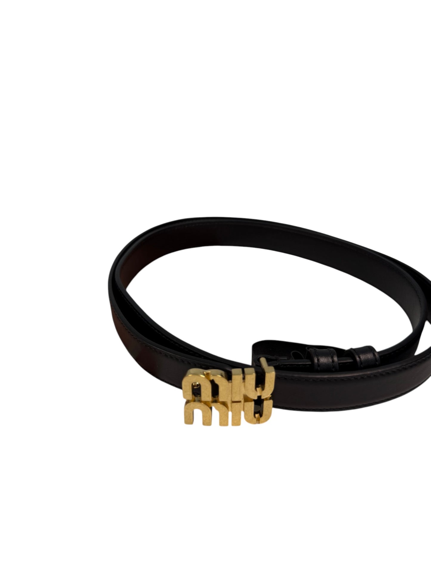 Miu Miu Black Leather Belt with Gold-Tone Smooth Buckle – Retail Price: $510